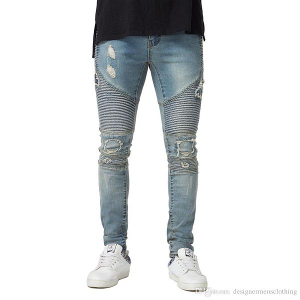 

mens draped designer ripped jeans slim fit biker pencil pants spring autumn fashion trousers, Blue