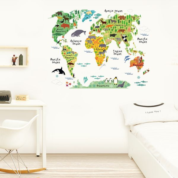 Cartoon-Hintergrund, bunte Weltkarte, Wandaufkleber, Vinyl, für Kinderzimmer, Salon, Fernsehen, Wandaufkleber