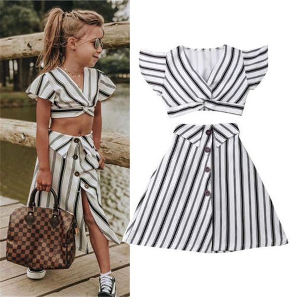 

2019 summer girl clothes set kids toddler ruffle off-shoulder t-shirt bow skirt tutu dress stripe girls beach casual outfits, Blue;gray