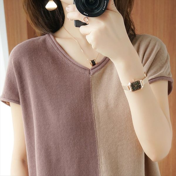 

contrast color stitching v-neck short-sleeved cotton and linen knitted t- women's loose slim knitted shirt base shirt, White