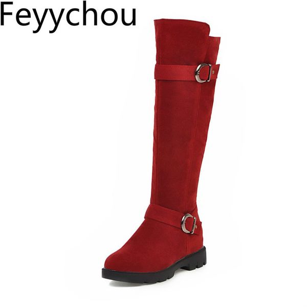 

women boots autumn winter warm med heel knee-high round toe zip buckle height increasing 2019 new fashion flock black red