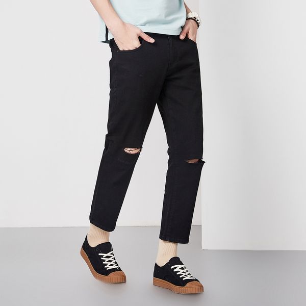 

mark fairwhale 2019 spring summer cotton causal fashion zipper slim microelastic ankle length shredded black jeans 718221022032, Blue