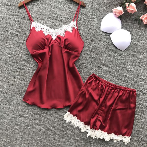 

summer 2019 women silk pajamas sets with shorts satin spaghetti strap nightwear lace pyjama pajamas for women chest pads, Black;red