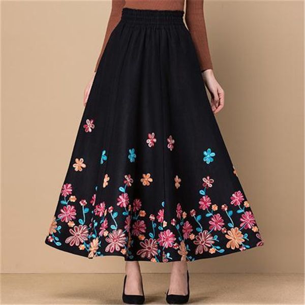 

elegant office ladies wark streetwear 2020 spring warm woolen pleated skirt women plus size elastic high waist long skirts saia, Black