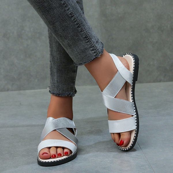 

women shoes classic elastic band ladies flat sandals women's glitter leather shoes woman summer sewing rome open toe female 2020 y20040, Black