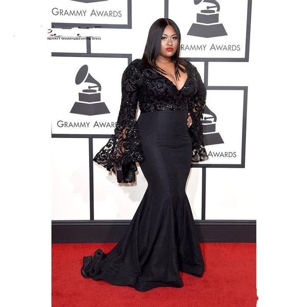 2020 Nova Prémios Grammy Plus Size Vestidos celebridade mangas compridas lantejoulas Prom Vestidos Black Lace Mermaid Vestido 2018 Vestidos De Festa