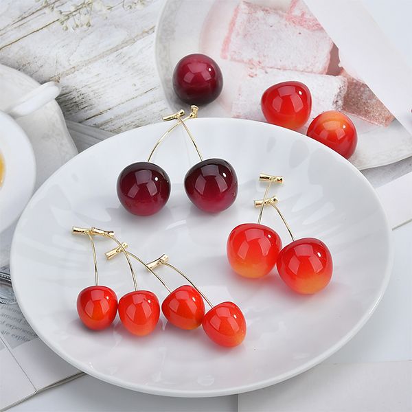 

new cute red resin cherry fruit shaped pendant drop earrings bohemian earrings for women girls fashion jewelry gift, Silver