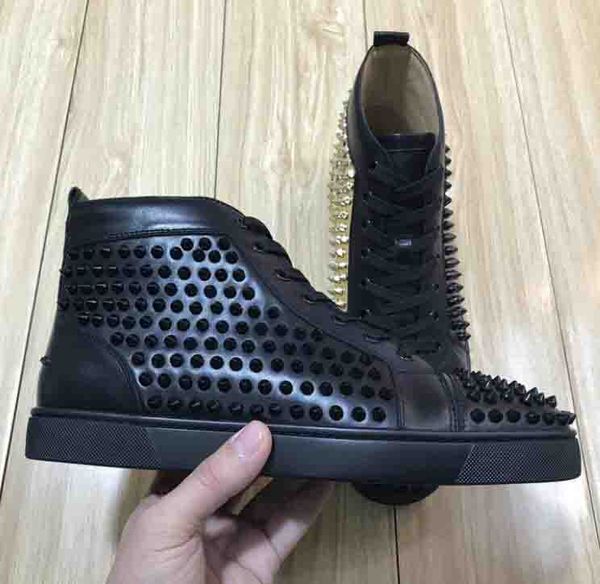 

original box] men shoes red bottom sneaker luxury party wedding shoes,genuine leather spikes lace-up casual shoes black white rivets classi
