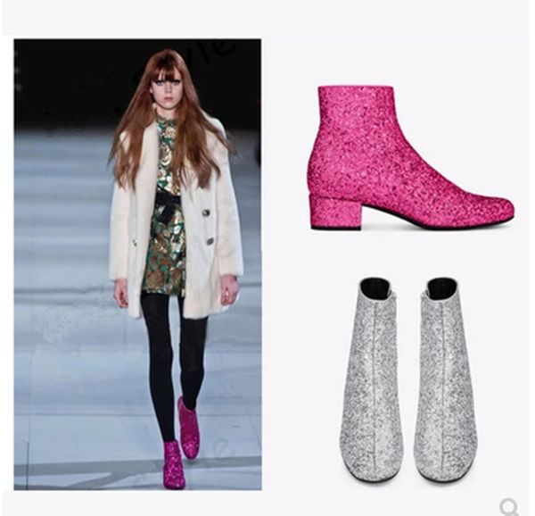 

runway bling glitter women boots fashion chunky block med heels party women shoes sparkle shiny sequins ankle women boots, Black