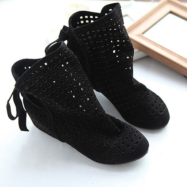 

women's gladiator lace up bandage boots shoes plus size 35-43 summer hollow sweat increasing height ankle boots, Black