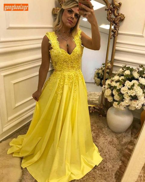 

romantic yellow evening gowns long lace appliques pearls banquet evening dresses satin bow a line party formal dress customized, White;black