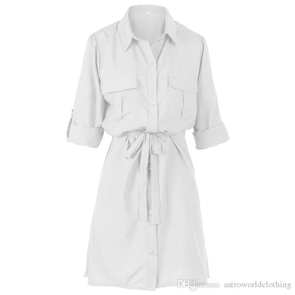 

осень женская рубашка платья сплошного цвета отворотом шеи длинным рукавом дамы повседневные платья дизайнера womens streetwear с поясами, Black;gray