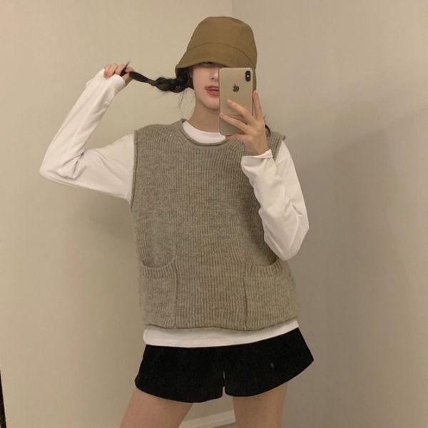 

vest for women sleeveless o-neck pockets pullover solid casual style autumn new women's clothing vetement femme fashion brand, Black;white