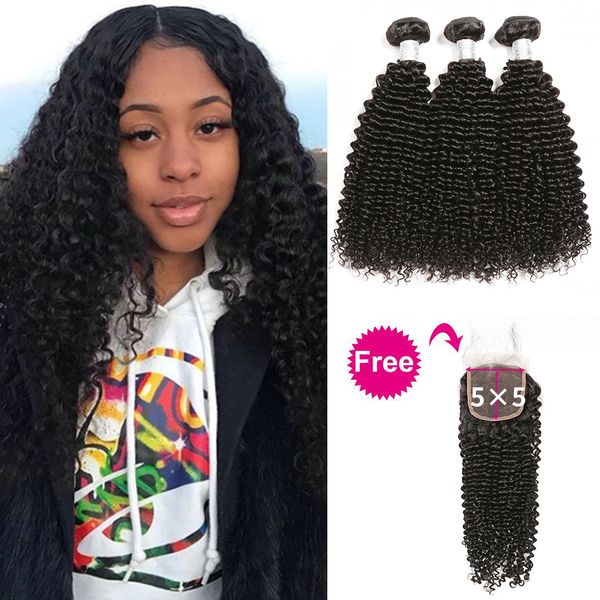 

afro kinky завитые человеческих волос пучки с closure купить 3 пучки волос получить один бесплатный закрытие бразильского virgin завитые свя, Black