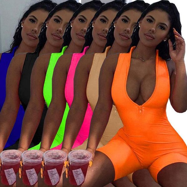 

cryptographic zipper v-neck neon green playsuits sleeveless bodycon jumpsuit casual fashion outfits streetwear overalls, Black;white