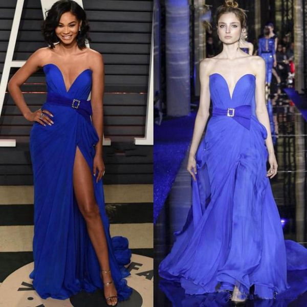 

2019 Couture Royal Blue Zuhair Murad Evening Dresses Sweetheart Split Prom Gowns Sweep Train Red Carpet Gowns Custom Size