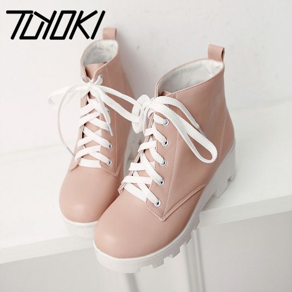 

tuyoki women shoes boots round toe thick heel lace up pu leather ladies footwear classic outdoor size 34-43, Black