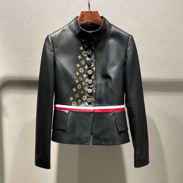 

leather jacket, women's short sheepskin print jacket, casual leather, Black