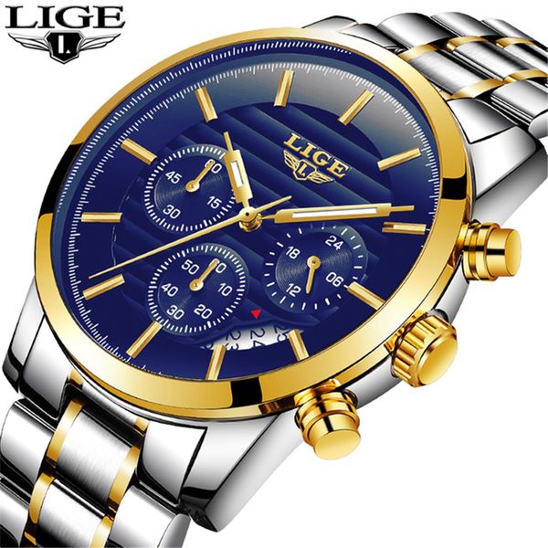 

2019 lige mens watches quartz clock men's fashion business sports waterproof steel table relogio masculino+box, Slivery;brown