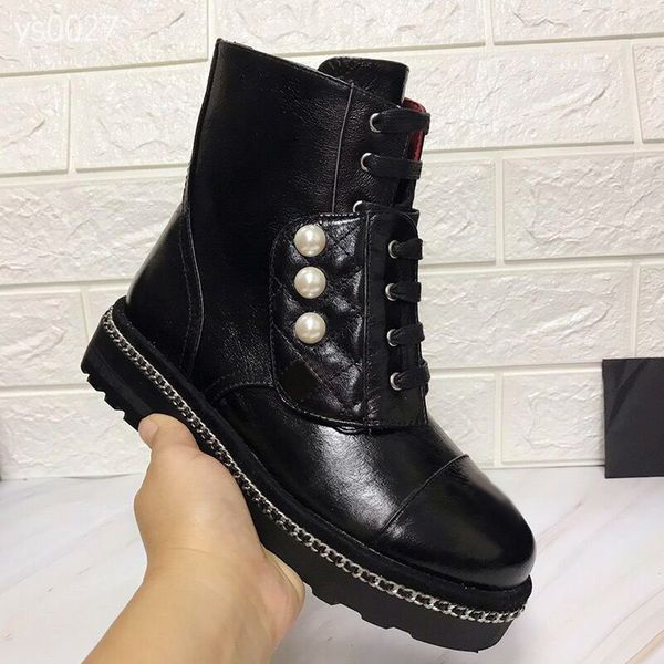 

european style luxury lace-up shoes fashion boots women's shoes boots fashion shoes casual martin boots pearl decoration with leather, Black