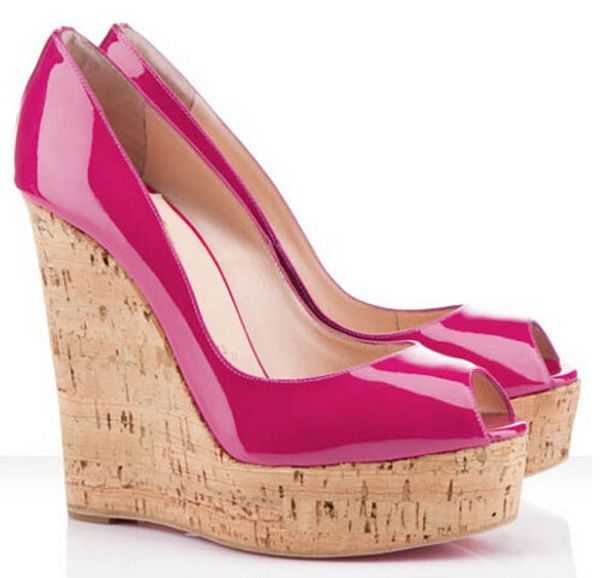 

2019 summer red bottom peep toe wedge patent leather platform pumps,comfortable ladies party dress pink,nude,black,white eu34-42
