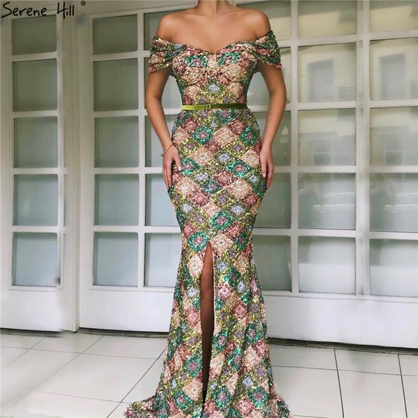 

latest design off shoulder evening dresses 2019 multicolored sequins luxury sparkle evening gowns serene hill la60804, White;black