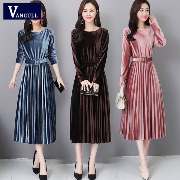 

vangull women velvet dresses solid pleate elegant female dress autumn winter 2019 new long sleeve slim evening party dresses, Black;pink