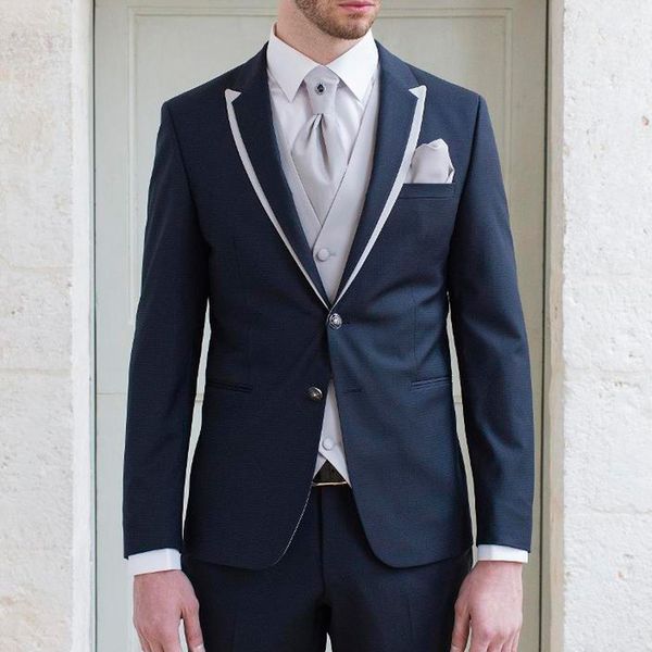 

navy blue wedding groom tuxedos peaked lapel two button trim fit three piece men suits 2020 light gray jacket pants vest, White;black