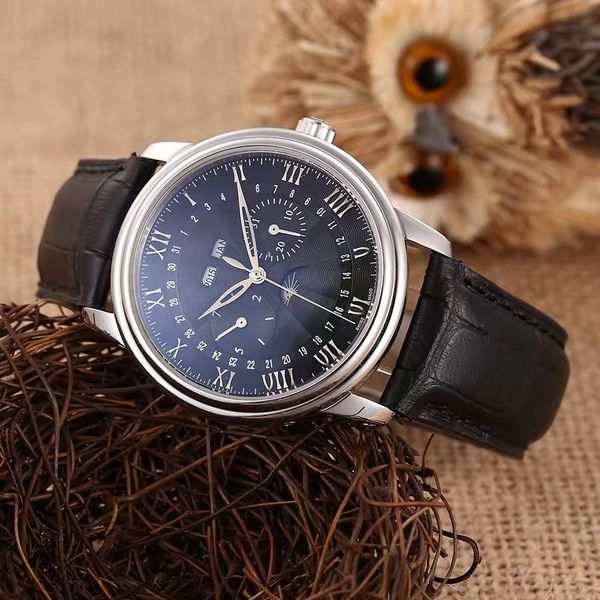 

5-pin double-eye sun moon star multifunctional men's watch, imported cowhide strap, automatic mechanical movement, imported gold steel, Slivery;brown