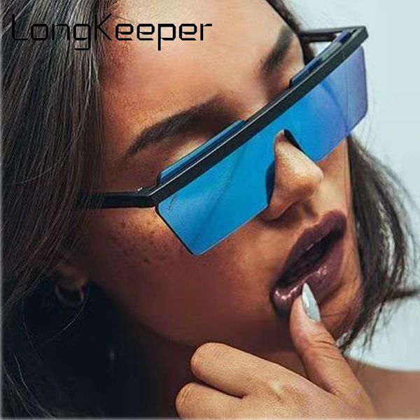 

new oversized rimless sunglasses women men flat one piece sun glasses female vintage blue square eyeware uv400 oculos, White;black