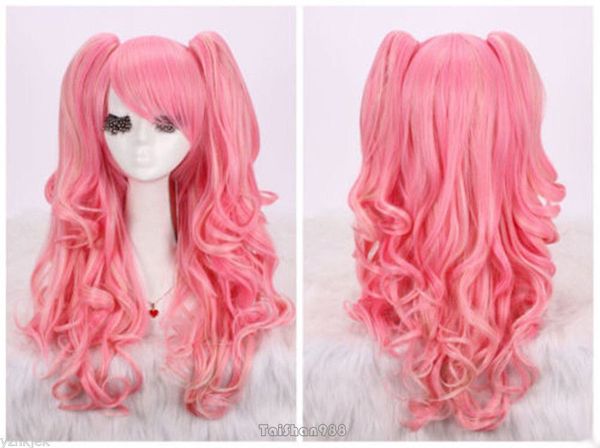 

pink curly wavy long ponytail pigtails anime cosplay party hair wig wigs, Black