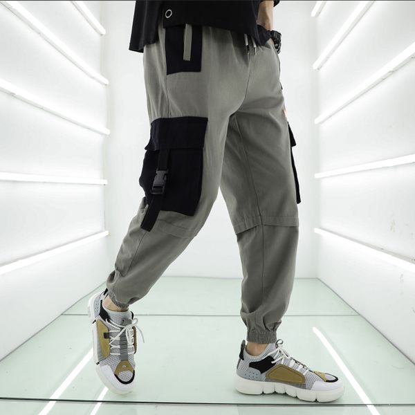 

men cargo pant streetwear 2019 color block hip hip harajuku harem pant pockets japan style baggy camo joggers trousers, Black