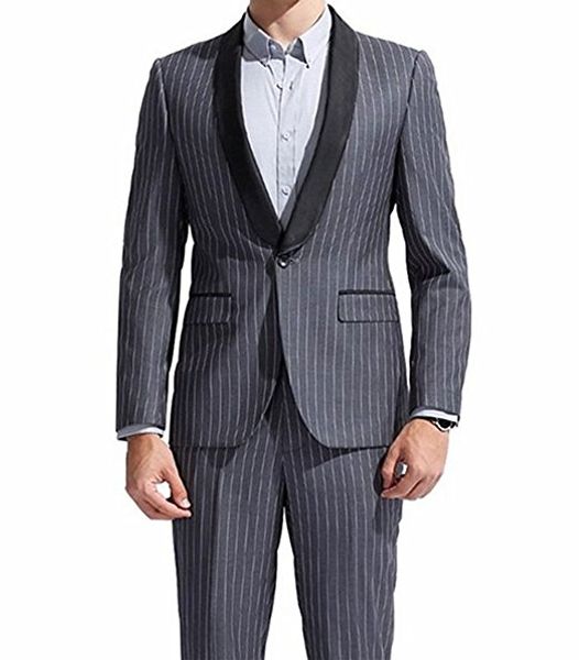 Vendita calda Groomsmen Scialle Risvolto nero Smoking dello sposo Strisce grigie Abiti da uomo Matrimonio / Ballo / Cena Blazer da uomo migliore (giacca + pantaloni + cravatta) A769