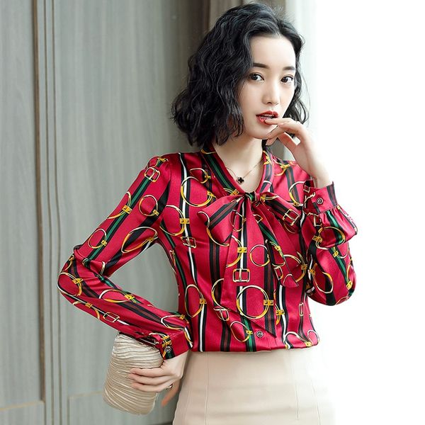 

luxury silk satin chain print bow shirt women plus size long sleeve ladies designer blouses slim runway elegant office button shirts, White
