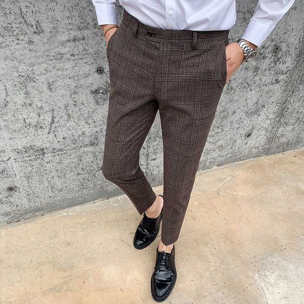 

2020 autumn winter mens business casual pants brown plaid slim fit suit pants formal pant for man wedding groom wear long, Black