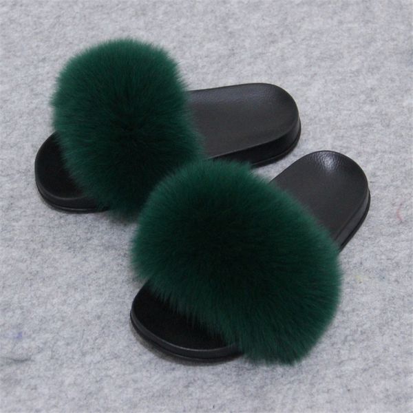 

2018 new women fur slippers fluffy real fox hair slides flat soft indoor flip flops beach sandals lady lovely plush shoes #5, Black