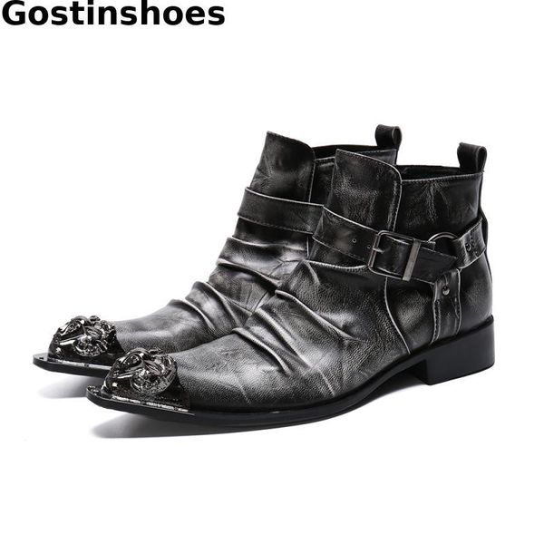 

boutique men leather short boots buckle strap pointed metal captoe men dress boots black side zip ankle