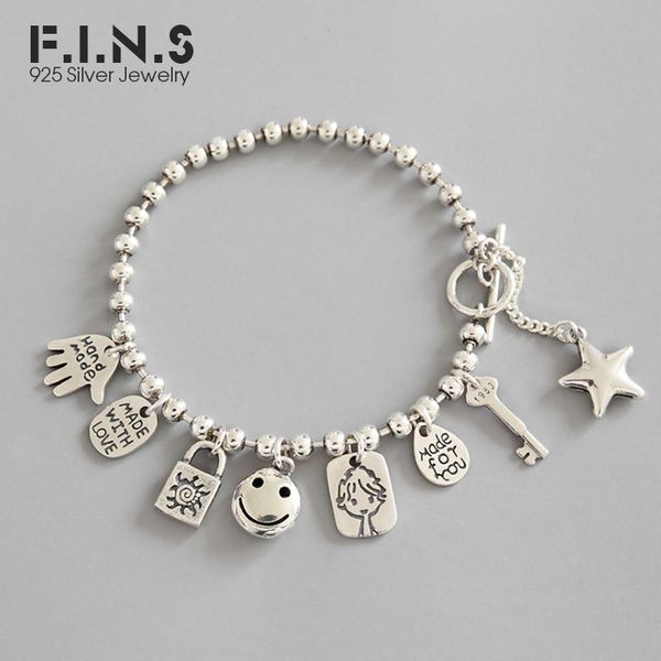 

f.i.n.s 925 sterling silver bracelet handmade silver bead chain bracelets smile face lock key pendant tag friend bracelet, Golden;silver