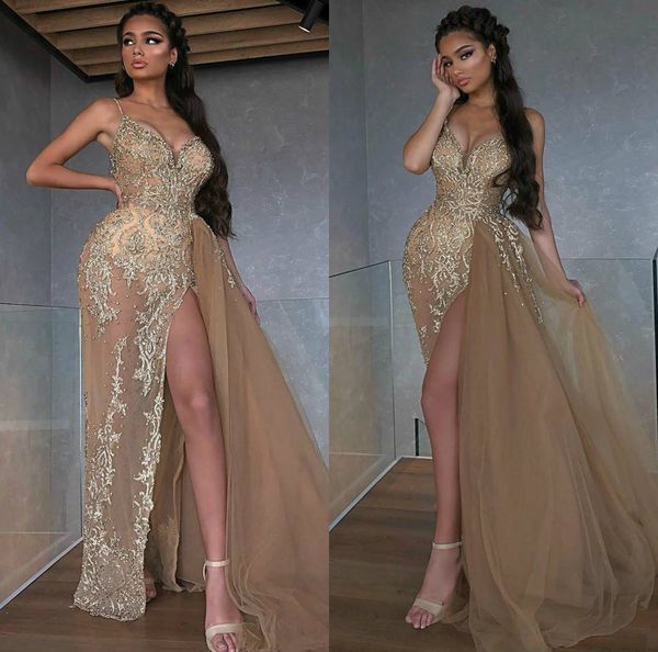 

2020 arabic prom dresses lace beaded high side split spaghetti evening dresses with detachable train illusion formal party gowns, Black;red