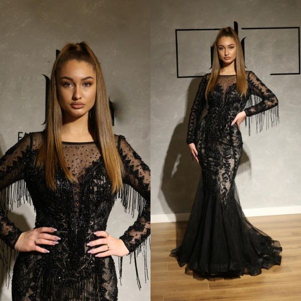 

2020 fashion prom dresses jewel long sleeve lace appliques beading evening gowns sweep train plus size formal party dress, Black