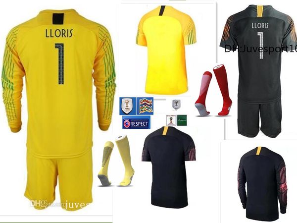 

2018 world cup 2 star goalkeeper jersey #1 lloris long sleeve goalie t shirt kits uniforms mbappe dembele pogba kante man goalkeeper jersey, Black;yellow