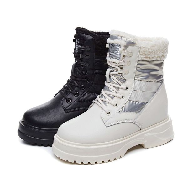 

flat platform boots women shoes autumn winter fur fashion round toe lace-up genuine leather boots ladies shoes warm winter, Black