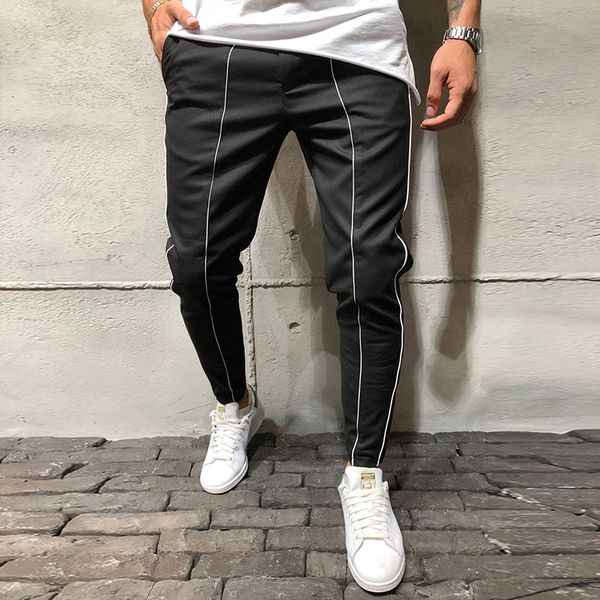

autumn winter new trousers men's fashion white striped stitching tether belt men's casual pants feet pants new, Black