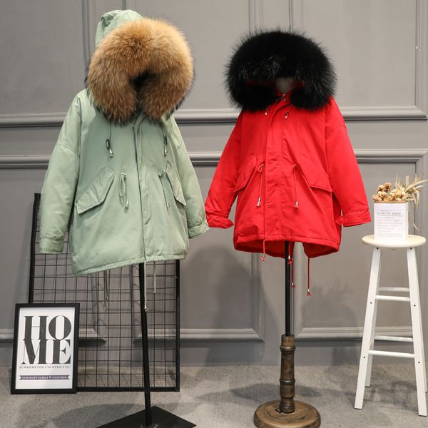2019 invierno nueva moda coreana mujer piel de mapache real grande con capucha medio largo pato abajo acolchado suelto engrosamiento parkas abajo abrigo SM