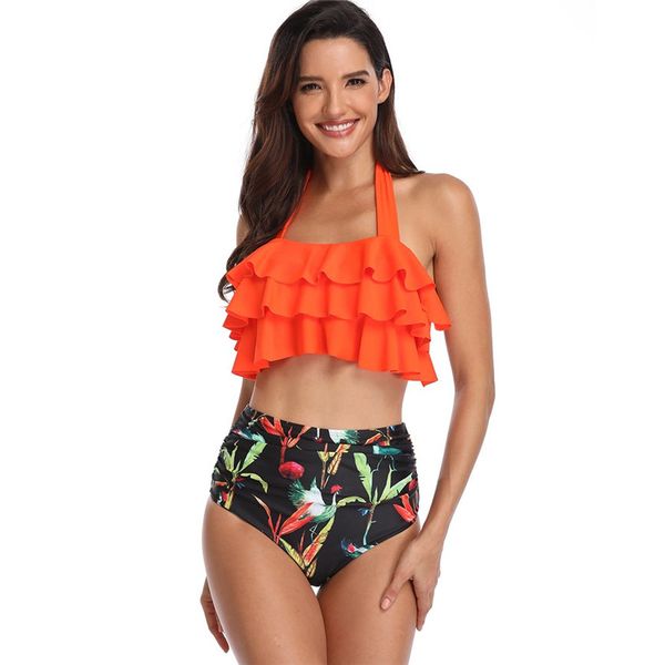 

women retro flounce sling high waist print bikini halter two piece swimsuit beachwear for women m12, White