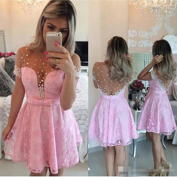 

pink vestido homecoming dresses crew neck pearls short sleeves cocktail party dresses lace appliques see through back short prom dresses, Blue;pink