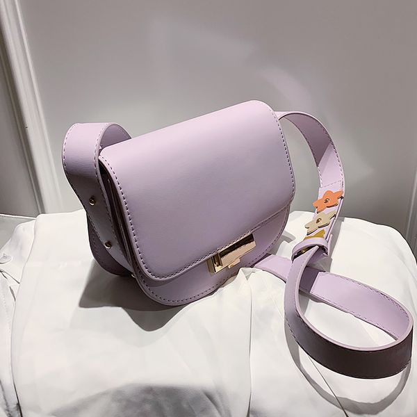 

solid color saddle bag 2020 new high-quality leather women's designer handbag flower wide shoulder strap shoulder messenger bag