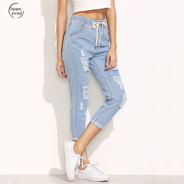 

jeans summer women pants casual trousers waist ladies blue ripped mid for drawstring skinny denim calf length