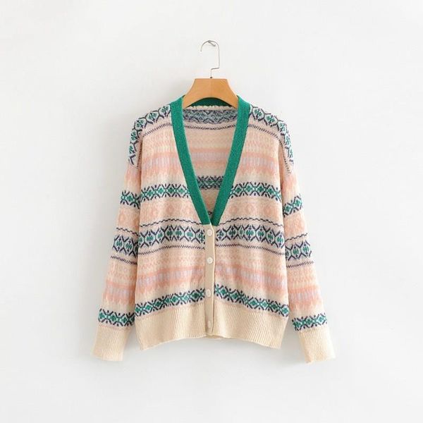 

women's korean style striped cardigans loose knitted open stitch sweater v-neck button vintage loose caidigans, White