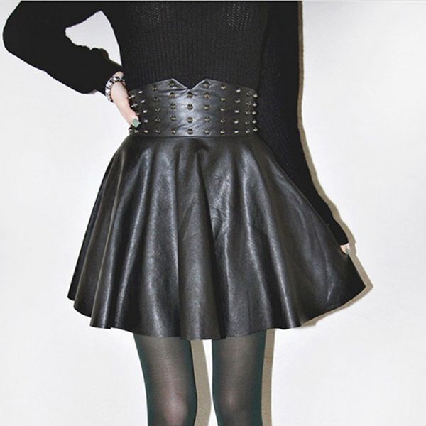 

rivet puff slim pu solid color bust skirt high waist short skirt, Black